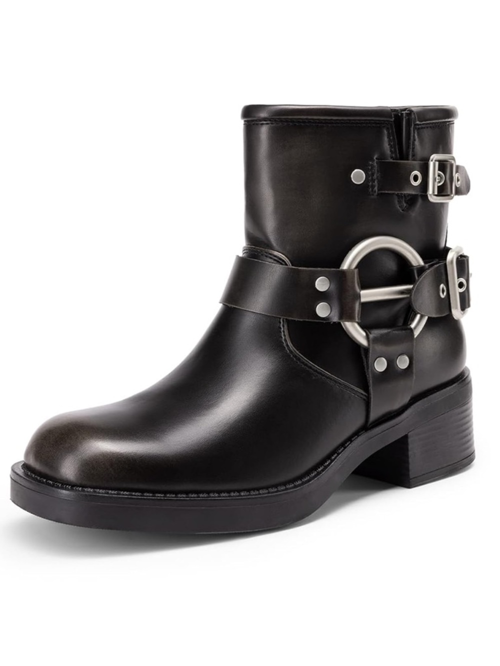 Dream Pairs Ring Buckle Ankle Boots Square Toe Biker Boots Low Chunky Heel